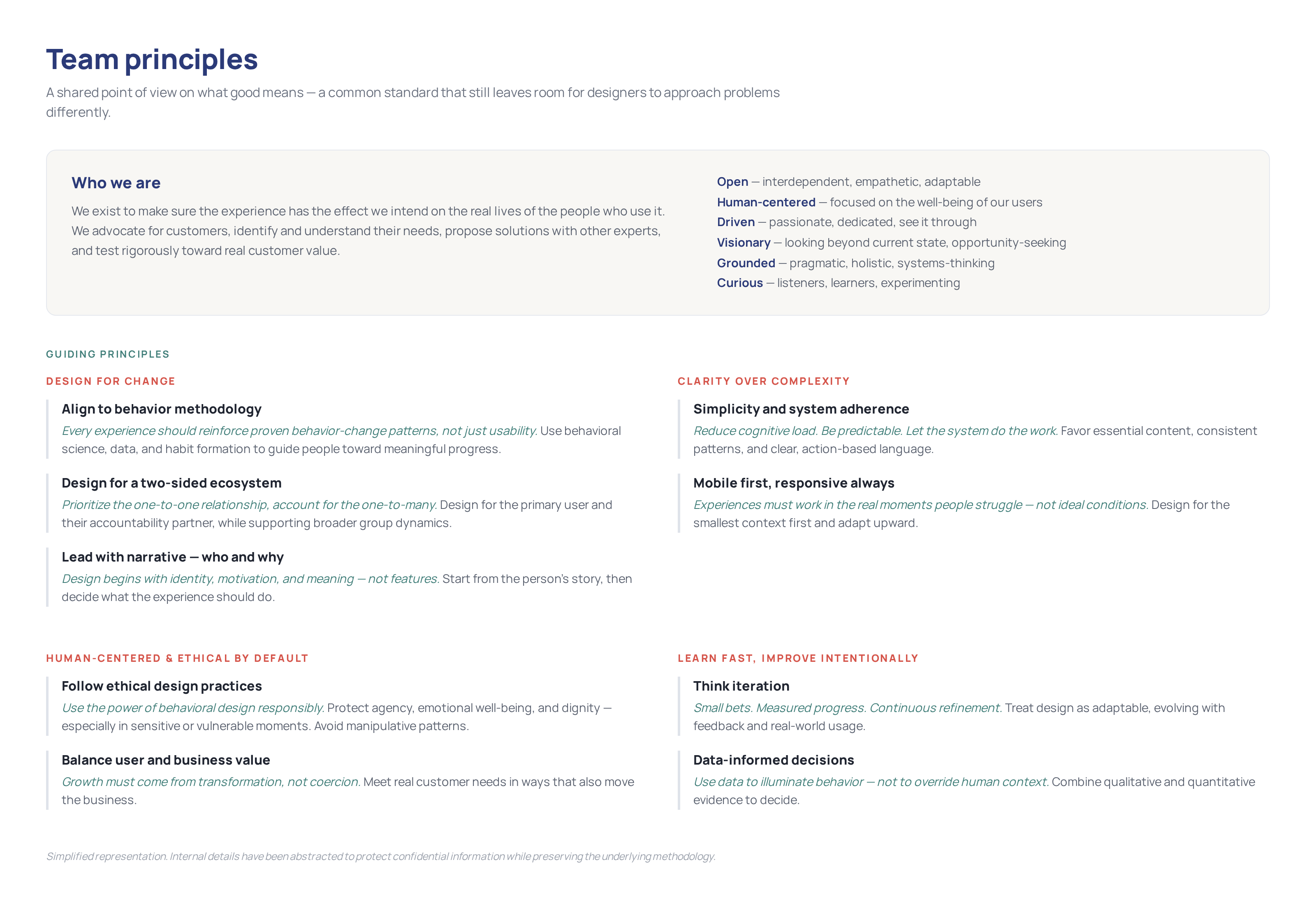 Shared principles established how the practice approaches behavior change, ethical design, complexity, evidence, iteration, and the relationship between customer and business value. Simplified representation. Internal details have been abstracted to protect confidential information while preserving the underlying methodology.